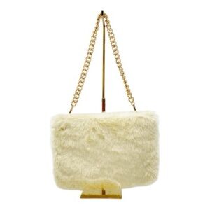 Jelanu Faux Fur Shoulder Bag with Gold Chain Strap – Cream & Pink Lined Handbag